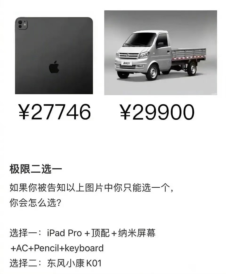 哈哈哈，的确现在很多手机电脑等电子产品的价格随随便便能买一辆车了，极限二选一怎么