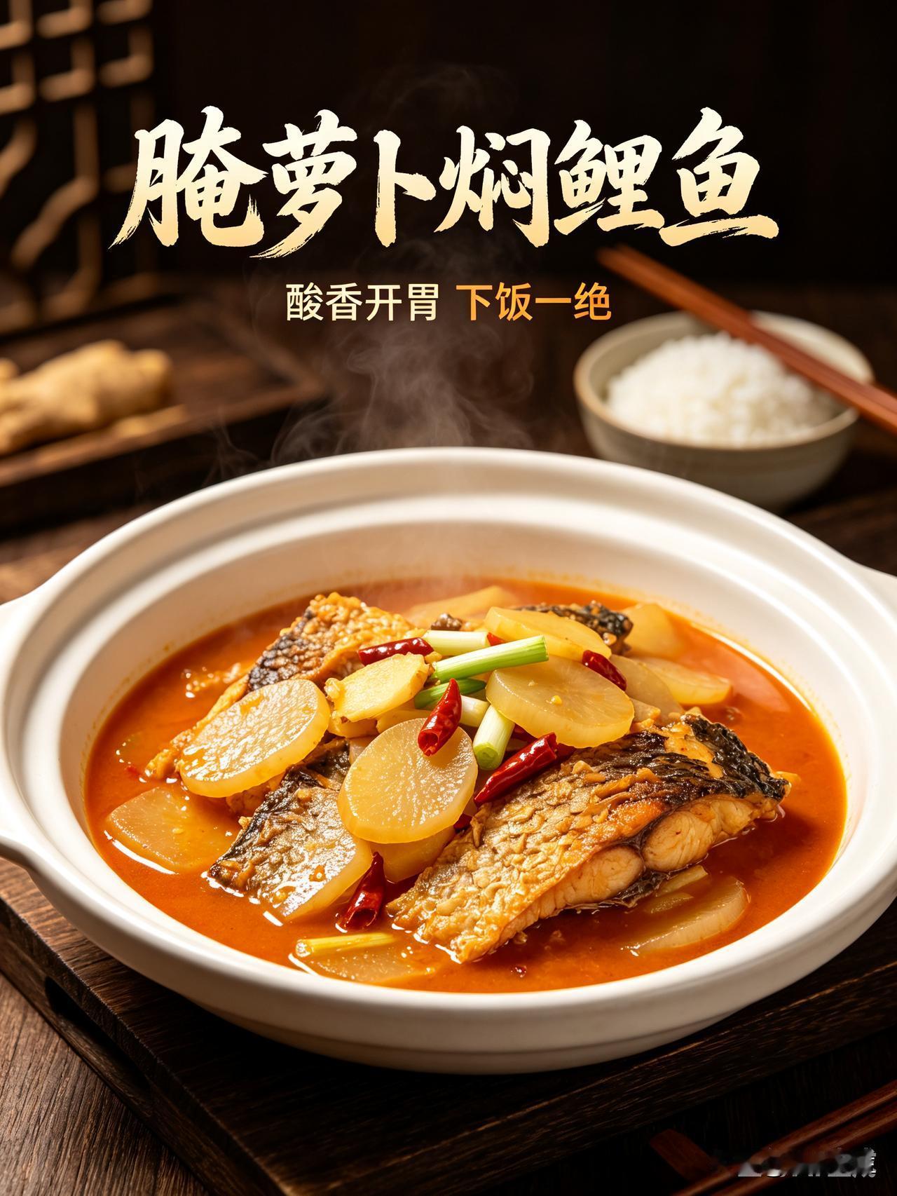 鲤鱼处理干净切块，煎至两面金黄盛出。腌萝卜冲洗切片，炒出酸香，加姜片、辣椒爆香。