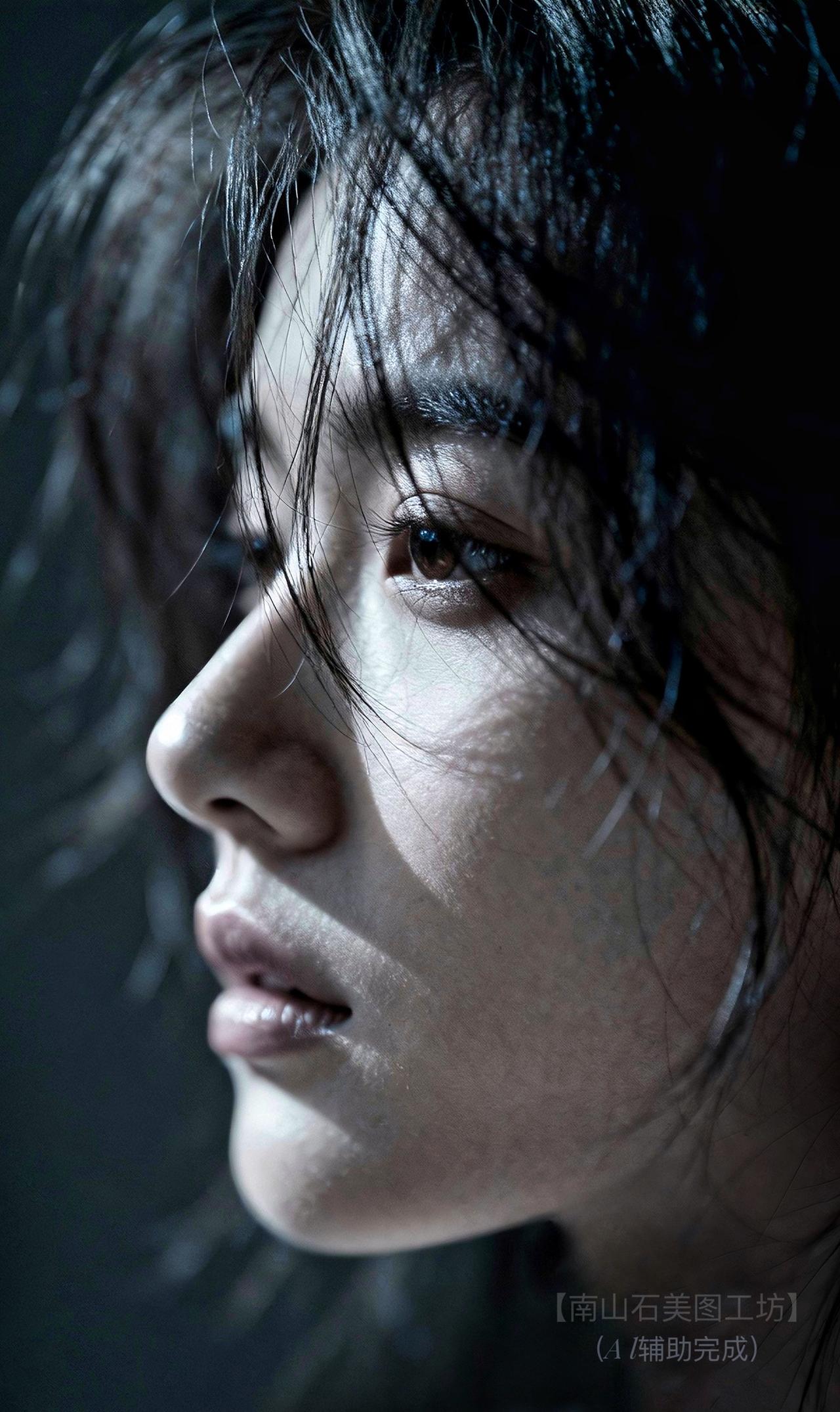 暗调光影中，墨发似瀑肆意垂落，侧颜如艺术雕塑般锋利又裹挟温柔。眼藏星浪，轮廓被时