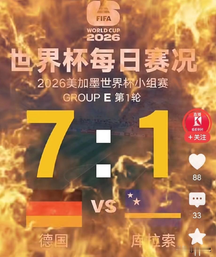 日耳曼战车大开杀戒
 
2026美加墨世界杯E组首轮，德国7-1大胜库拉索拿下开