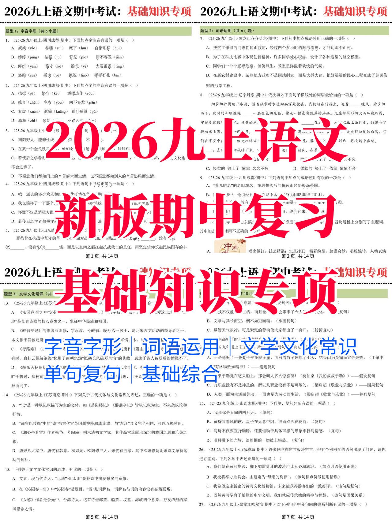 2026新版九上语文期中复习基础知识专项练习