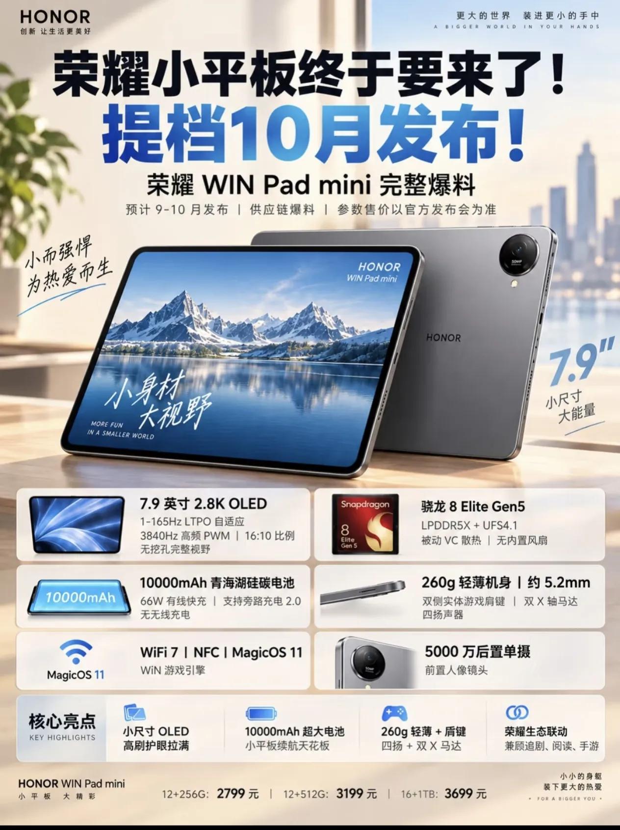 以前说小屏平板是伪需求，这次荣耀把万毫安塞进7.9寸，伪需求变真刚需。
 
小尺