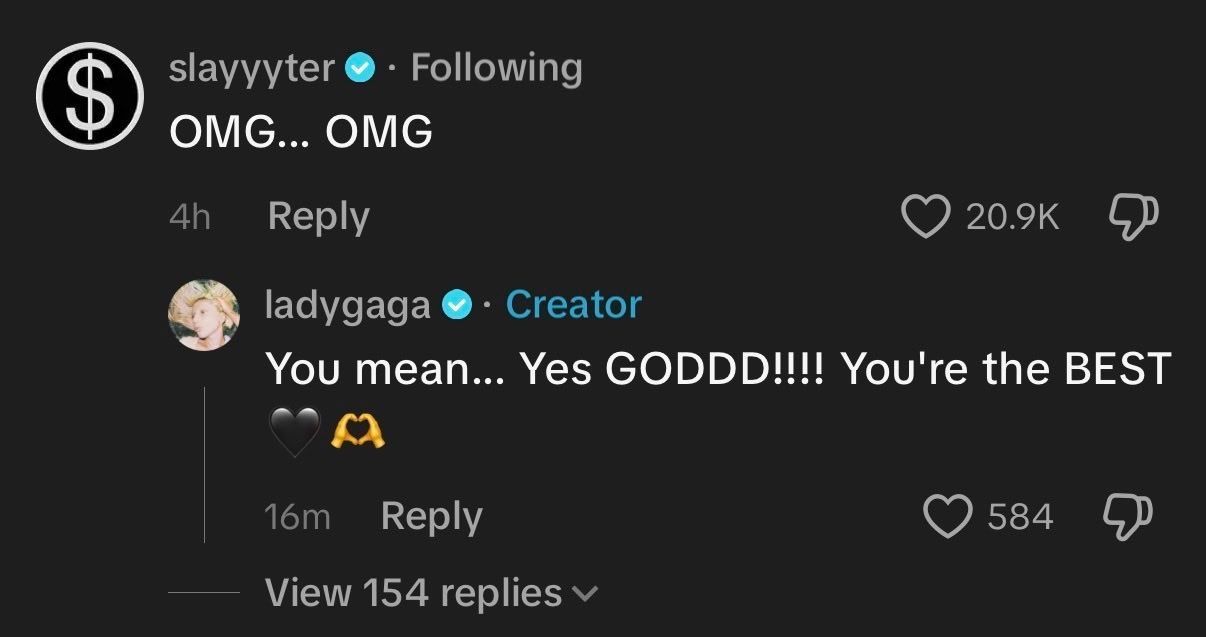 Lady Gaga 在 TikTok 上回复 Slayyyter：“你的意思是…