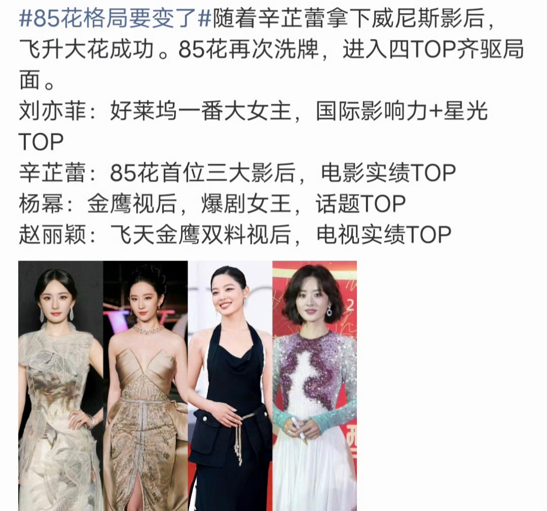 网友评选的最新版本85花四大TOP：刘亦菲、辛芷蕾、赵丽颖、杨幂辛芷蕾威尼斯影后