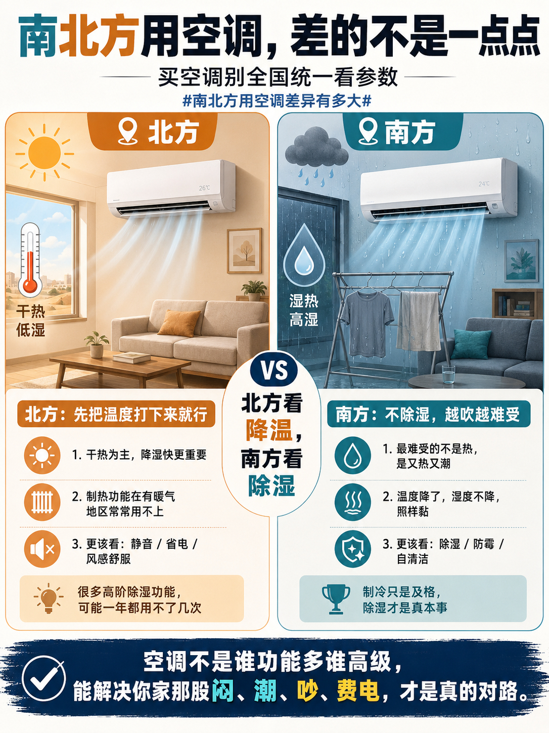 南北方用空调差异有多大 北方很多地方是干热，空调能把温度压下来，基本就赢了。但南