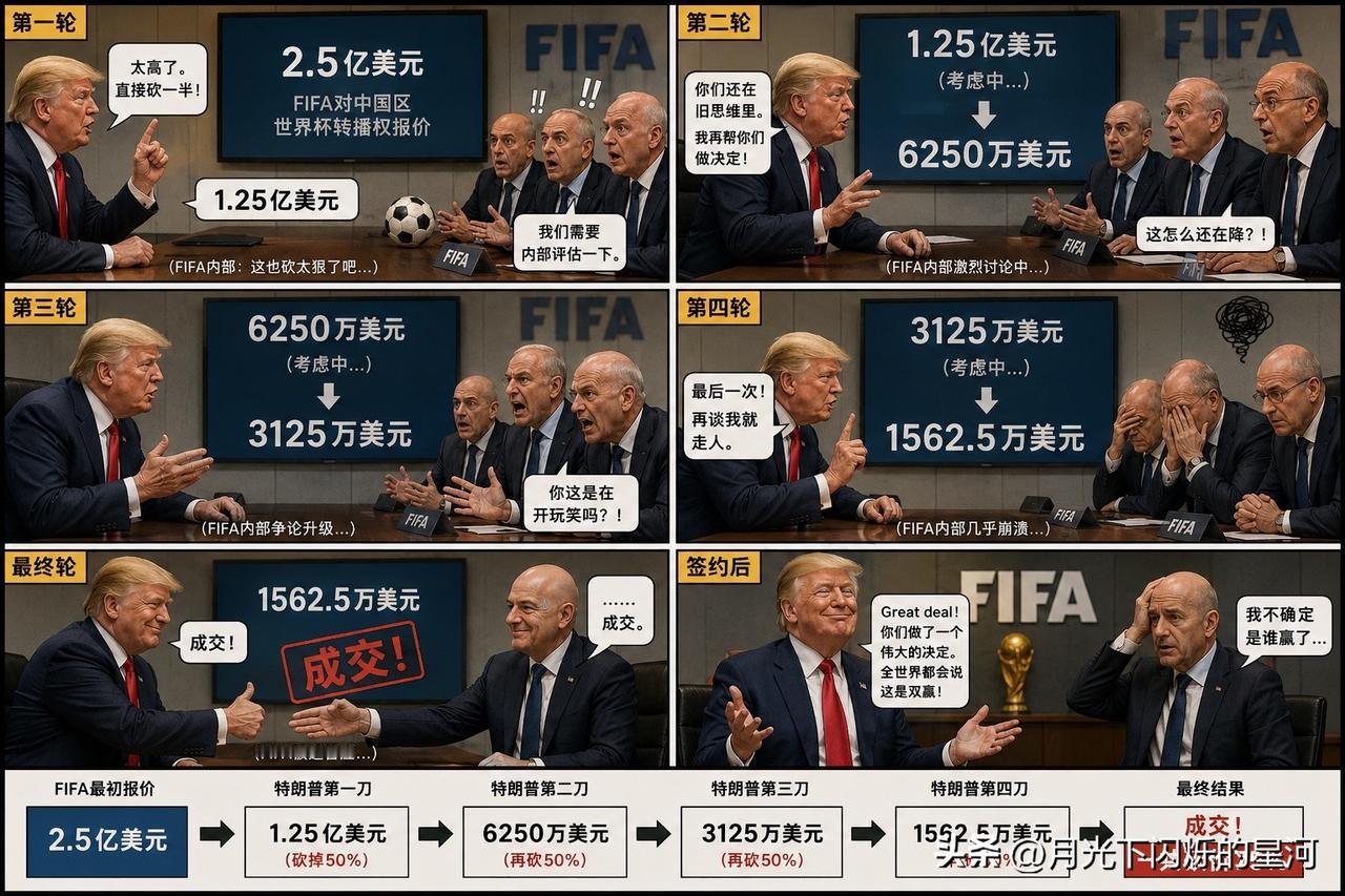 如果是特朗普掌舵央视，怎么和FIFA谈价格？
FIFA官员：
我们对中国区世界杯