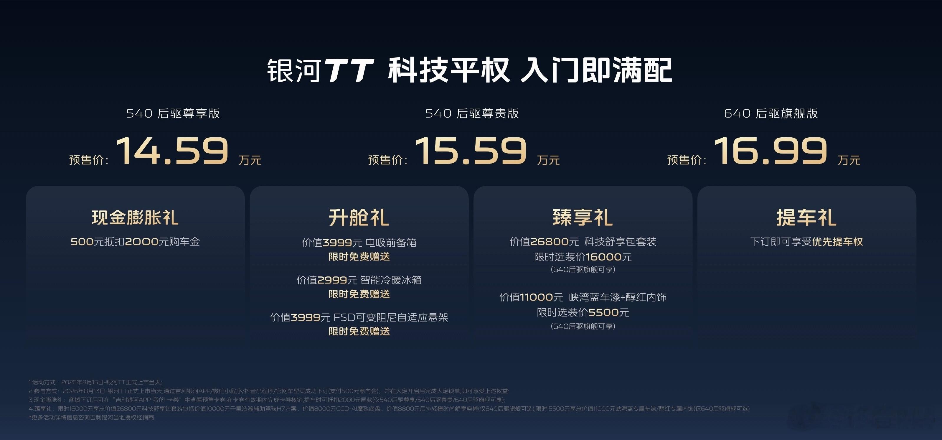 吉利银河TT全球预售三个版本14.59万—16.99万，价格非常可！前备箱、冰箱