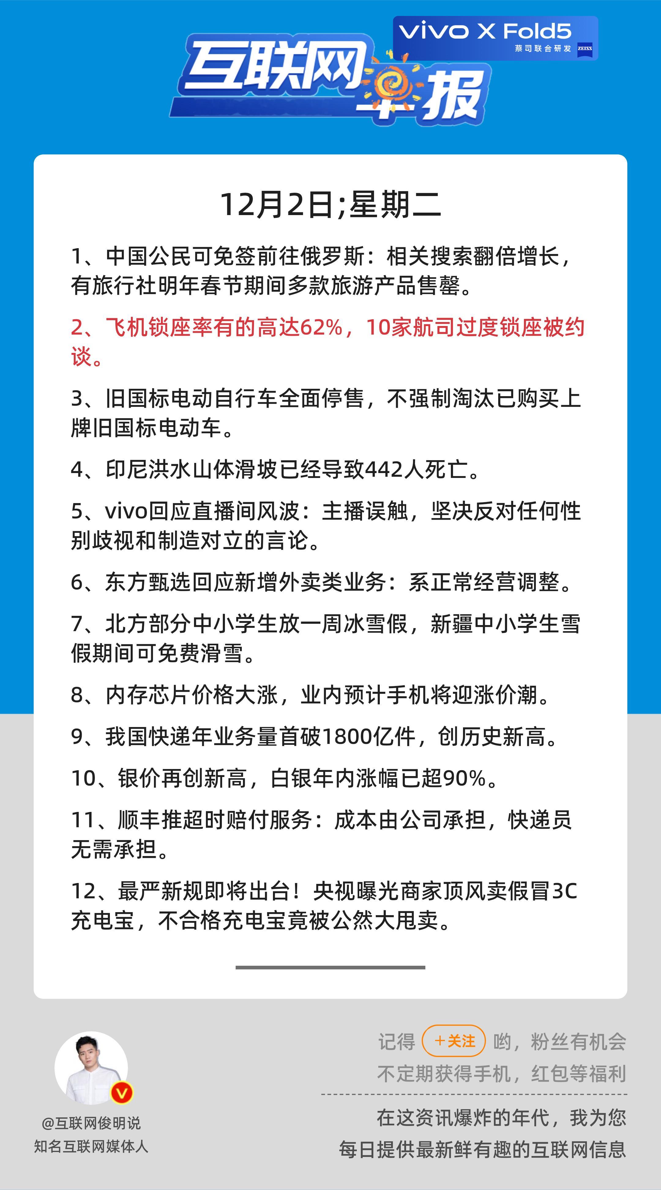 12月2日，星期二，《第2975期》；互联网早报，众览天下事关心第2条：飞机锁座