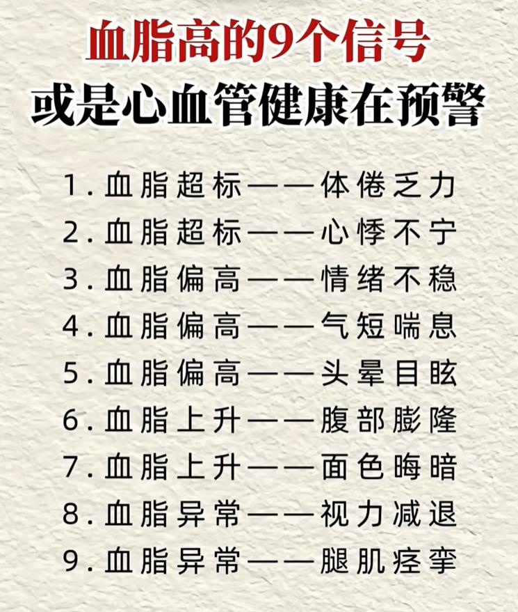 血脂异常早期常常没有强烈不适感，很多细微表现容易被当成劳累忽略，这些信号其实是心
