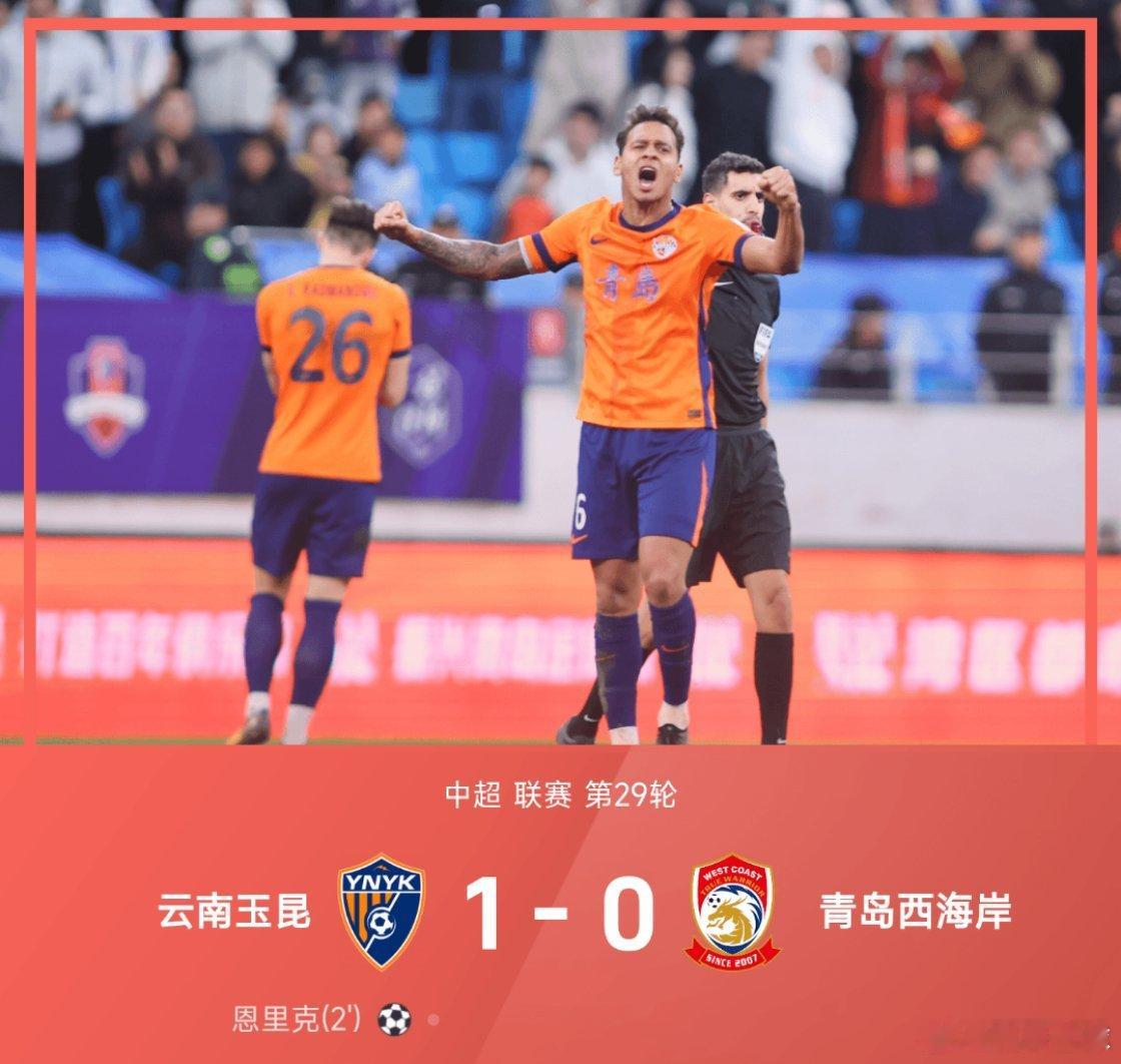 11月02日讯 25赛季中超联赛第29轮，云南玉昆1-0战胜青岛西海岸。上半场，