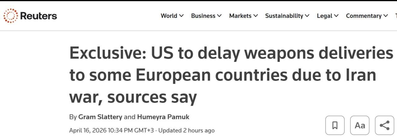 路透社援引五名知情人士独家报道，美国因为对伊朗的军事行动持续消耗弹药库存，已经通