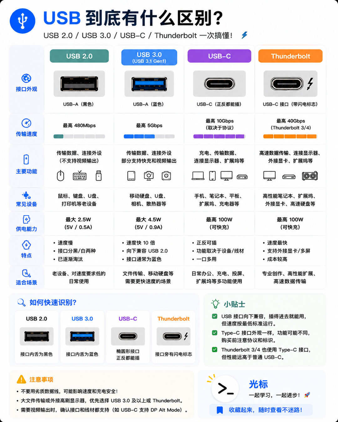 一次性理清USB 2.0、3.0、Type‑C、雷电的区别，数码小白直接收藏。U