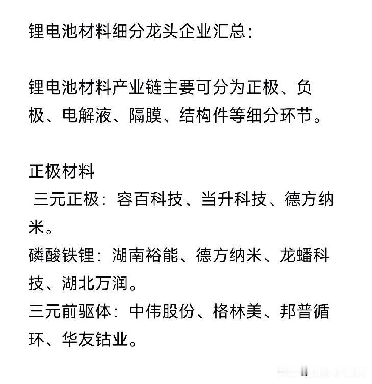 锂电池材料细分龙头企业汇总：
 
锂电池材料产业链主要可分为正极、负极、电解液、