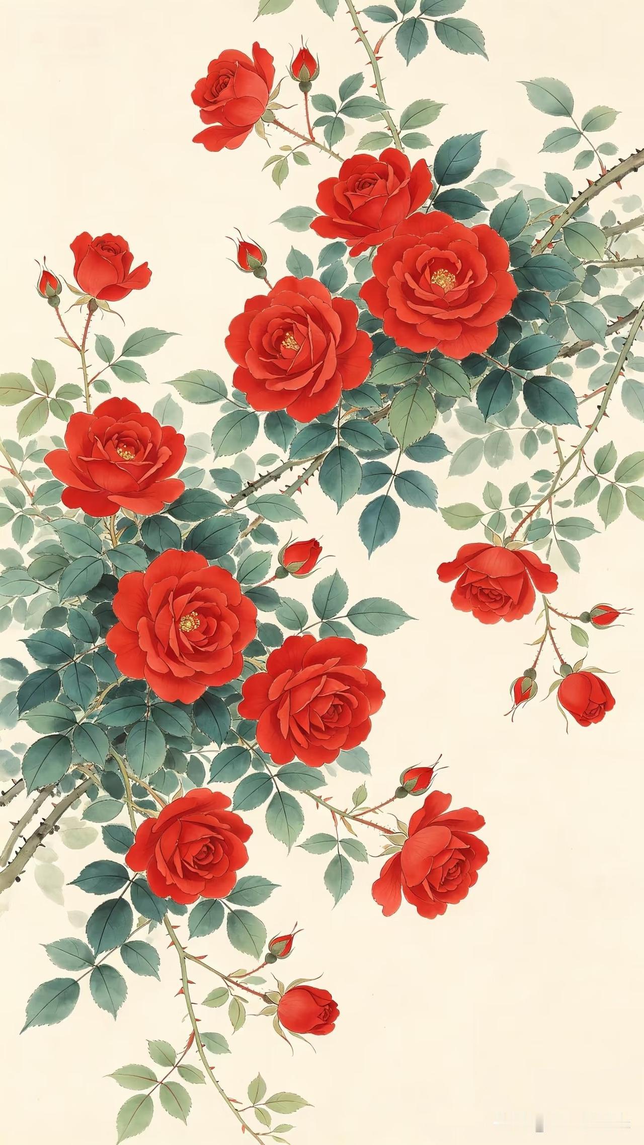 一纸浅素，盛放满枝红月季。艳红花瓣层层舒展，或盛放嫣然，或含苞待放。翠叶浓淡相宜