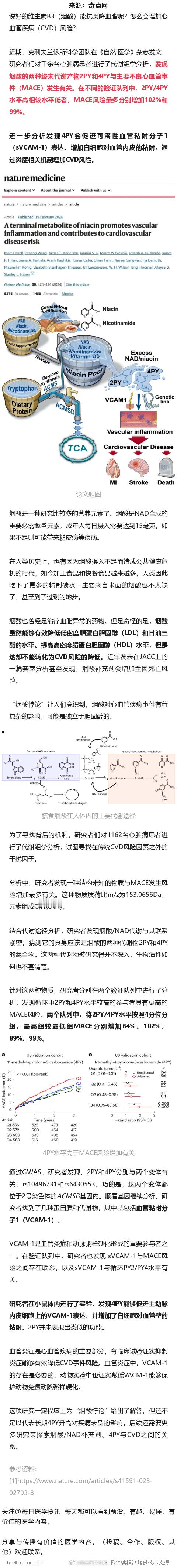 《自然·医学》：烟酸惊现黑暗面！科学家发现，维生素B3的终末代谢物会诱导血管炎症