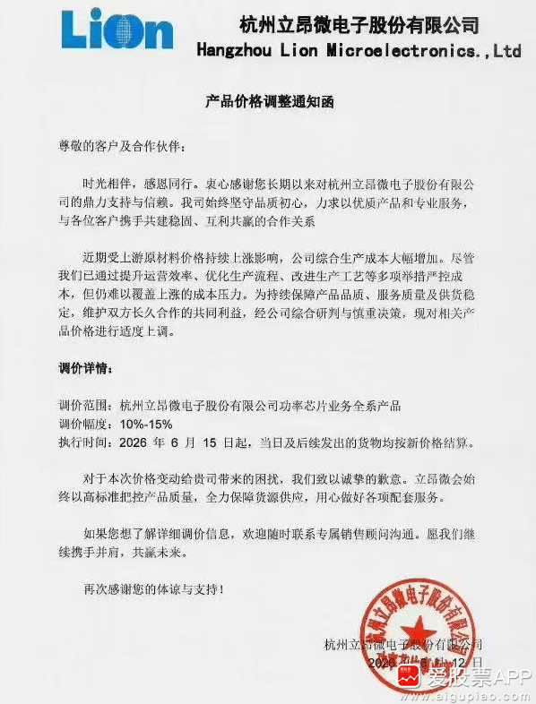 【立昂微：功率芯片业务全系产品价格调涨10%-15%】近日立昂微对客户发出产品价