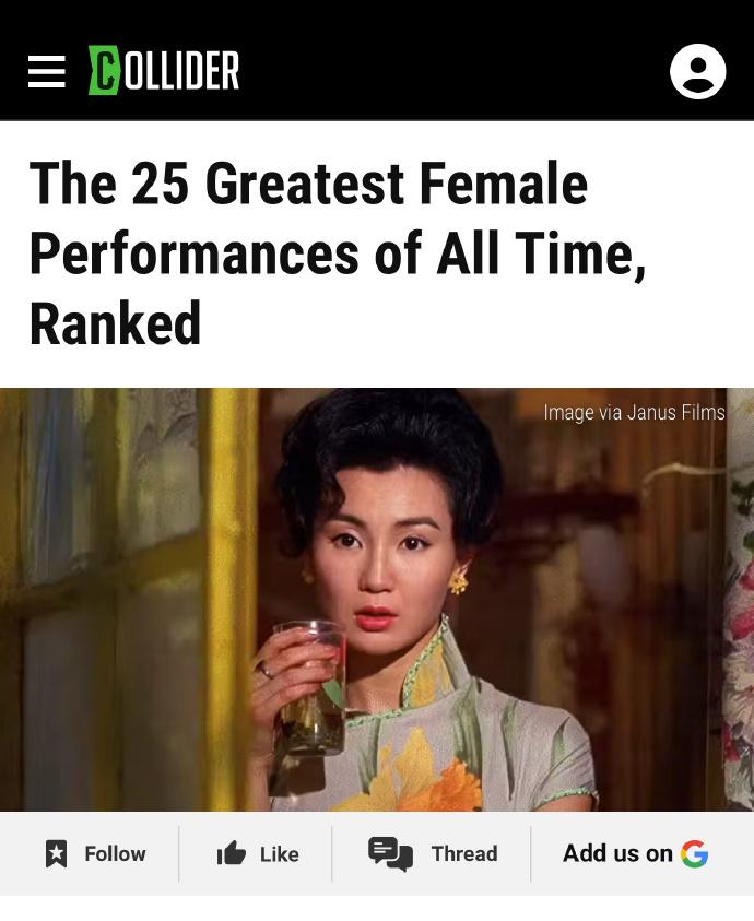 好莱坞知名影视新闻网站Collider 评选出了影史女演员最伟大表演Top 25