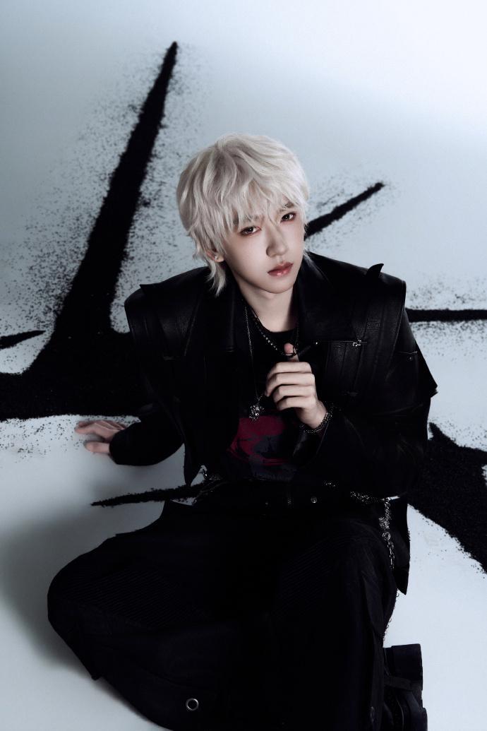 贺峻霖白发黑衣look、贺峻霖白发加冠概念照贺峻霖白发加冠概念照太有张力，白发黑