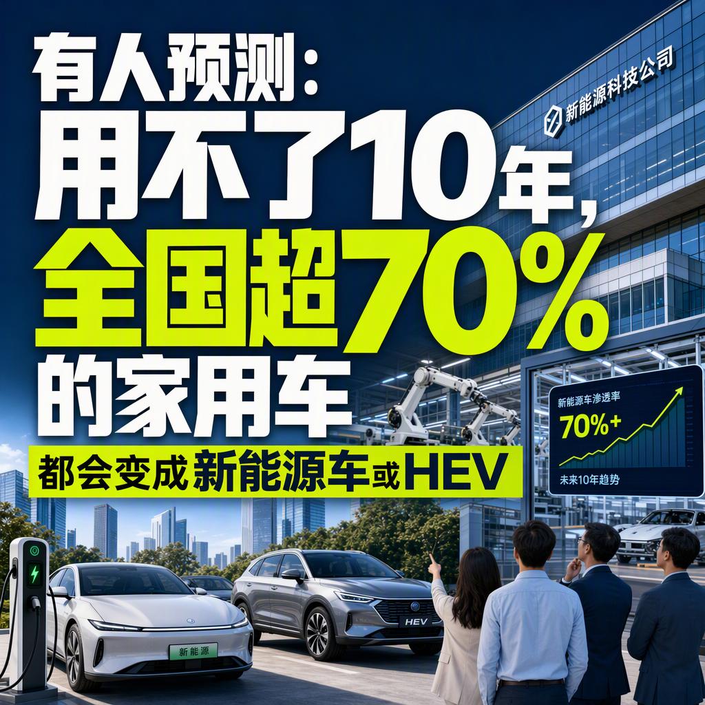 用不了10年，全国超70%的家用车都会变成新能源或HEV油混。
这个预测听着夸张