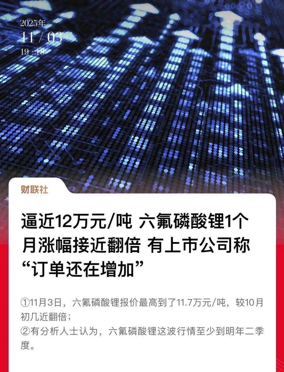 反内卷方向成为行情主线：六氟磷酸锂涨价行情持续，根据分析师评测，目前六氟磷酸锂每