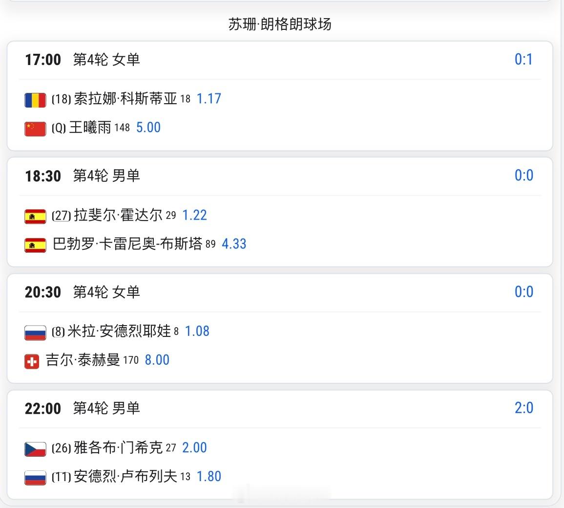 法网2026 5.31赛程苏珊·朗格朗球场第一场（女单第四轮）17:00 王曦雨