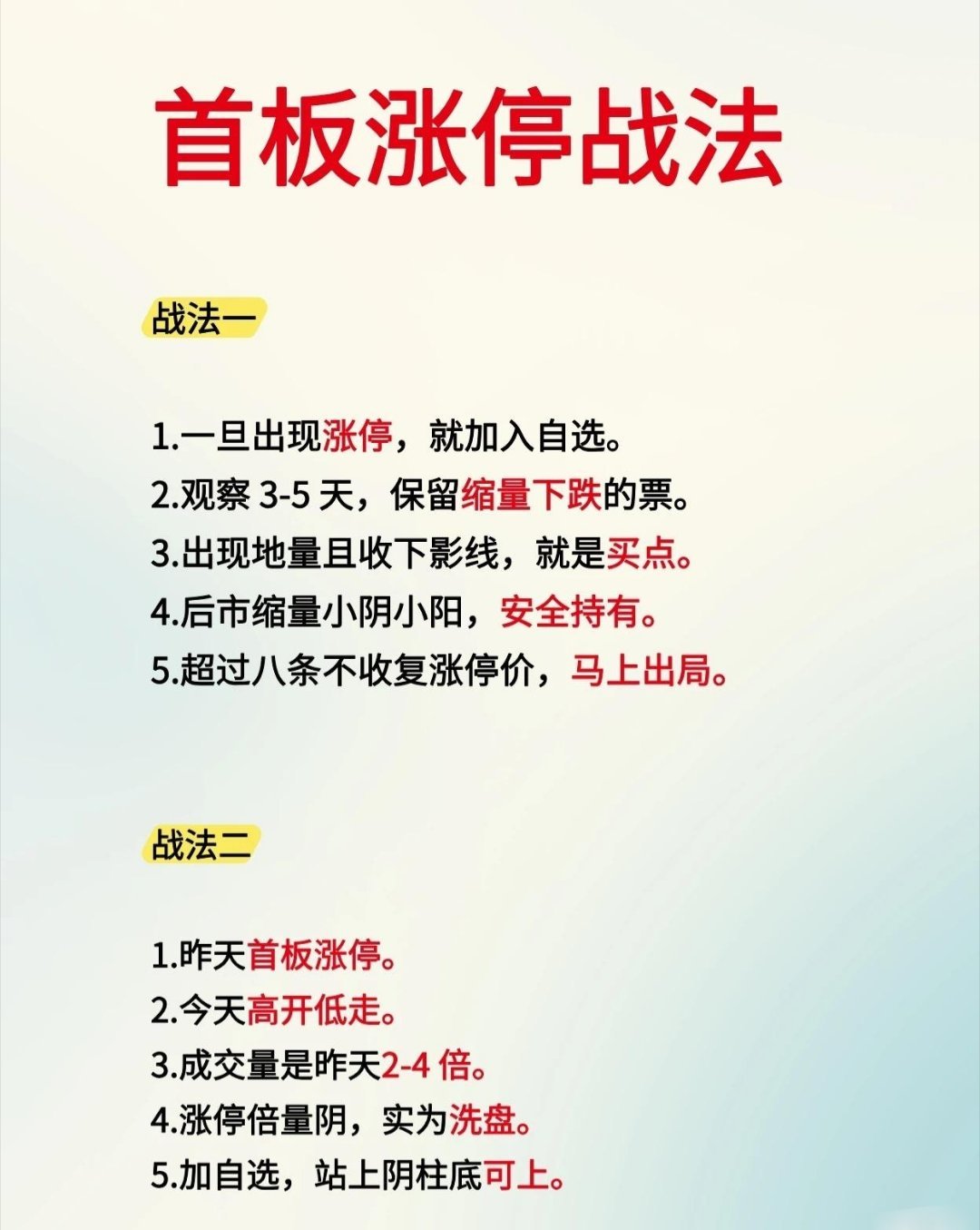三种“首板涨停战法”，以下是言简意赅的总结：战法一：缩量回调买入法*选股：出现涨