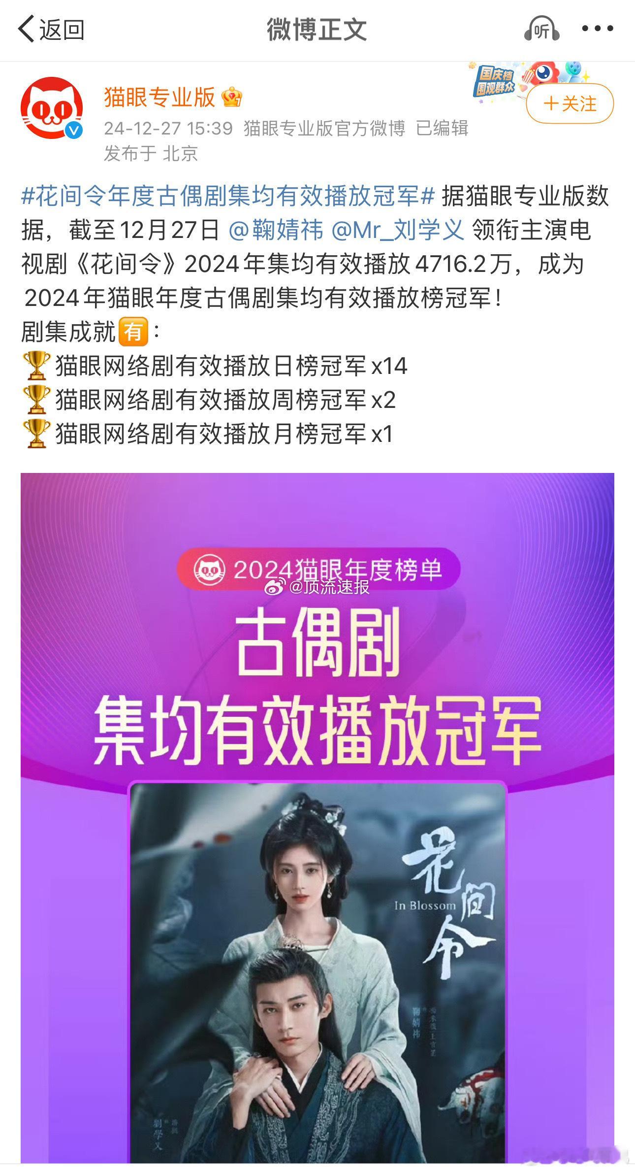 鞠婧祎、刘学义的《花间令》被评为古偶剧集均有效播放冠军，一个b级制作剧能做到这种