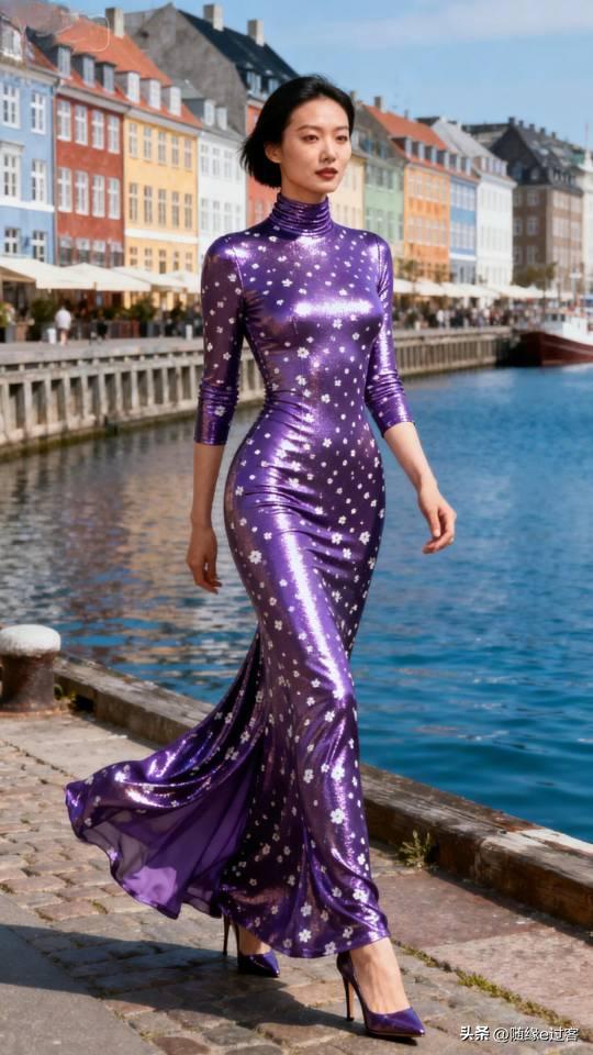 身穿紫色斑点连衣长裙的女子欧洲小镇写真。连衣长裙 高清美女写真图