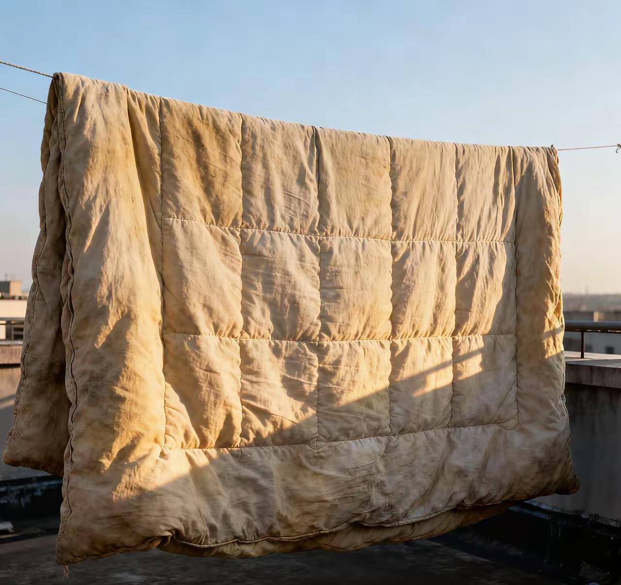 真是不知道哪位大神的被子！
楼顶棉被晒成精了！
这床神被从三伏天扛到数九寒，日头