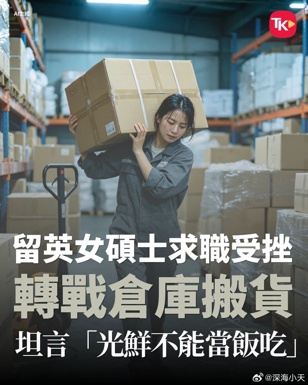 留英女硕士求职受挫，转当仓库搬运工大公报报道，内地一名24岁女生卢婧，毕业于英国