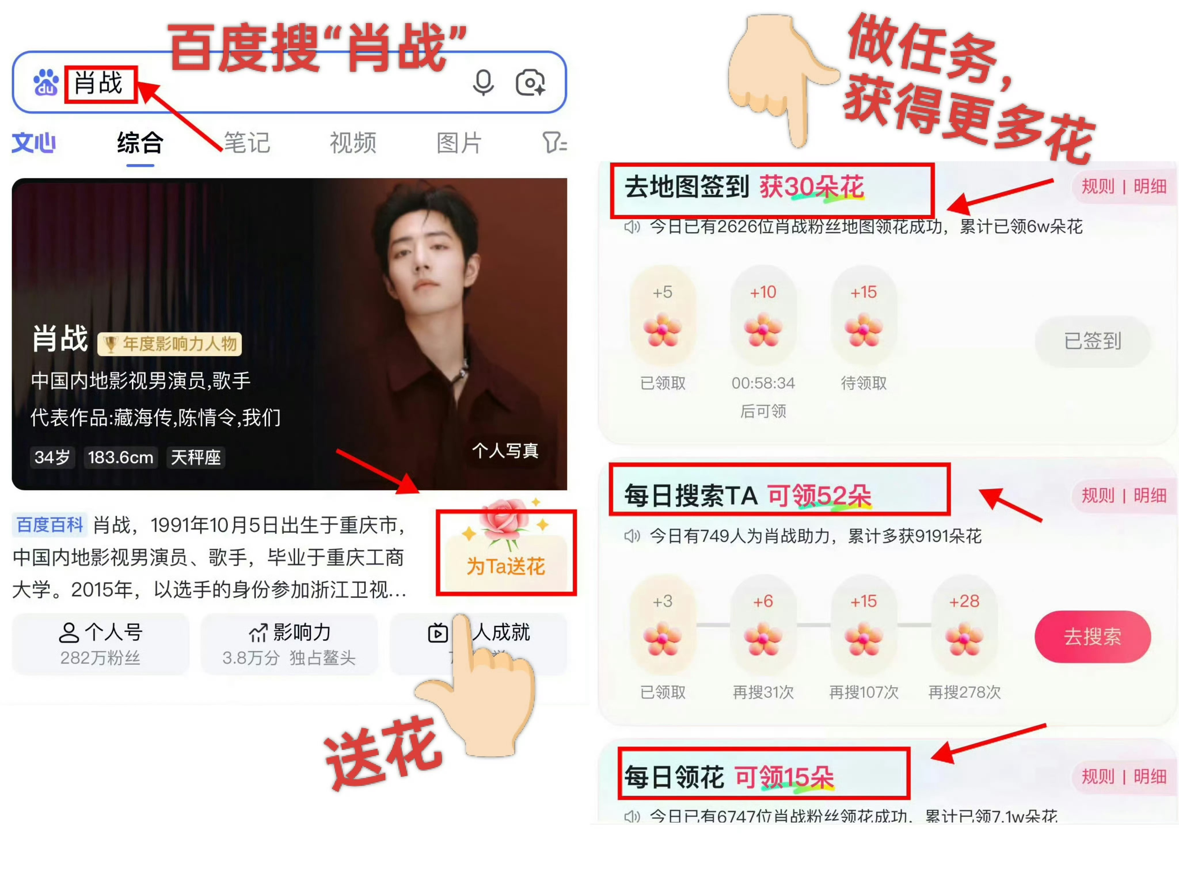 扩👉🏻肖战速来签到，目前才56.7万📣👉🏻记得百度送花！百度地图签到可