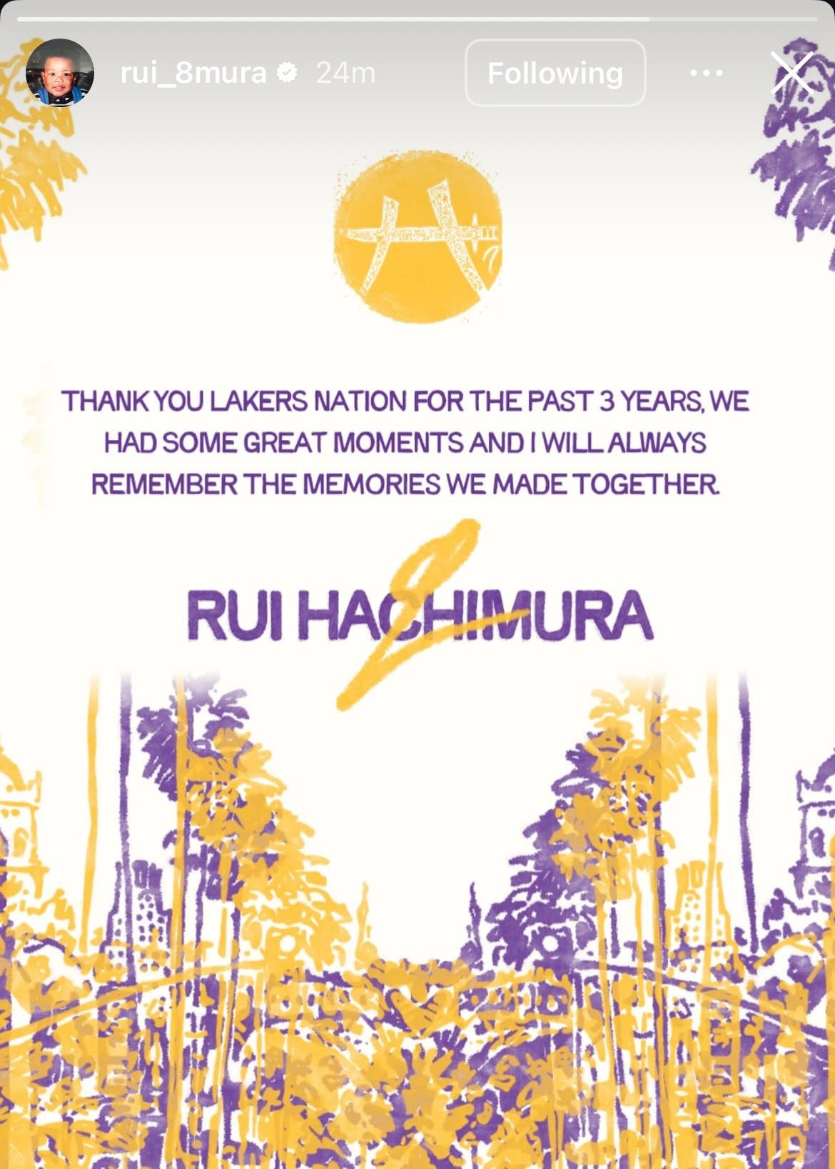 有情有义！八村塁在 Instagram 上对湖人队和粉丝的感谢信息 💜💛“感