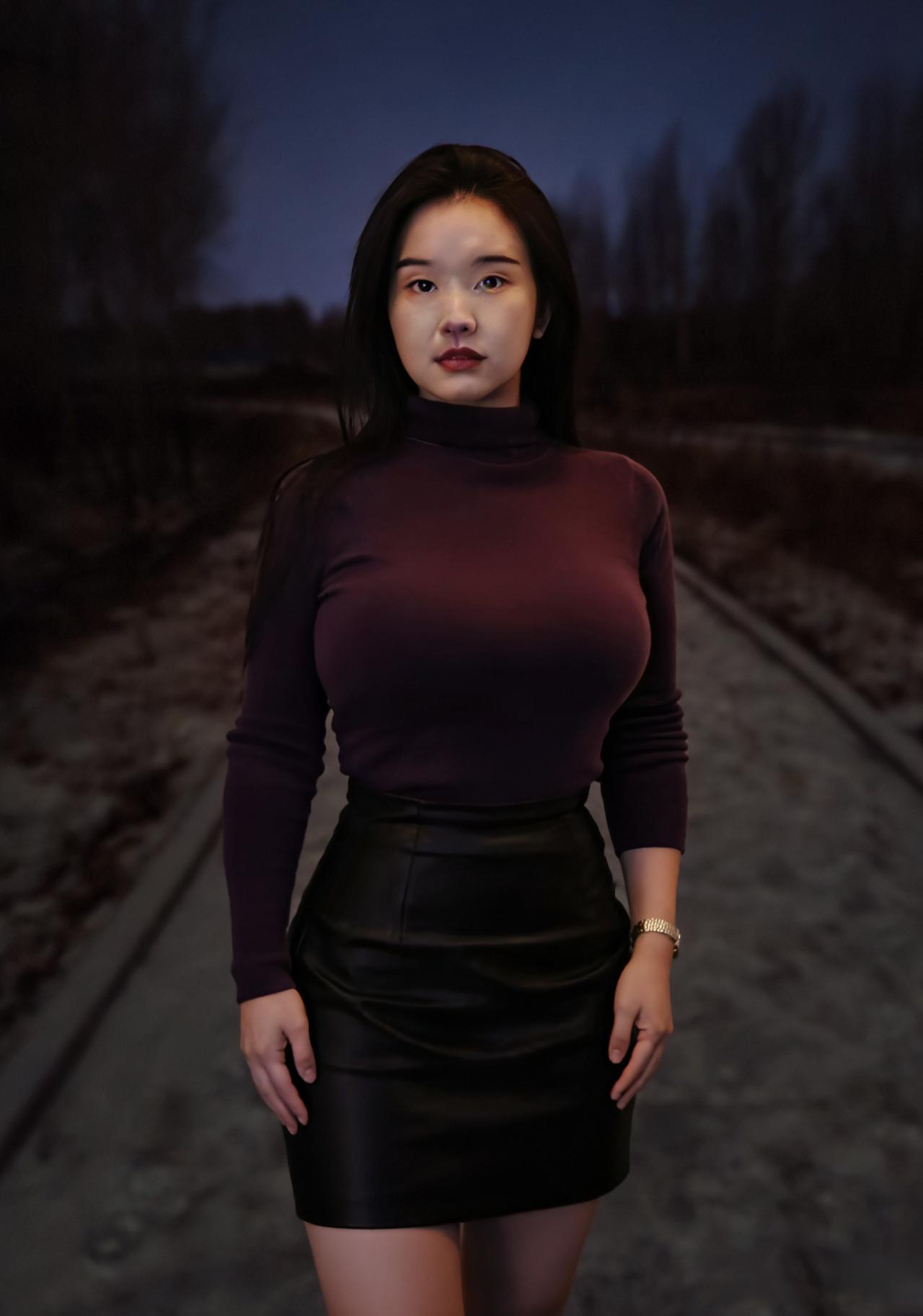 暮色笼荒覆冷尘，紫衣轻曳立霜滨。
黑裙裹住冬宵骨，青丝拂过寒风身。
眸静静，意谆