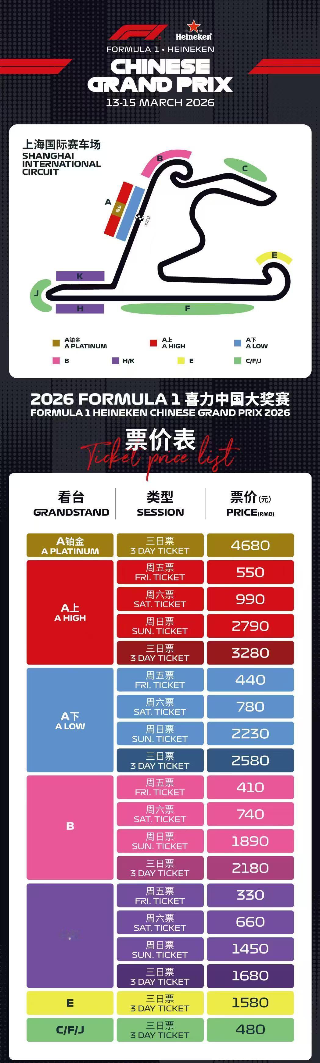 2026年上海F1站票价公布～价格相比往年略微上涨，但上海依然是F1票价最便宜的