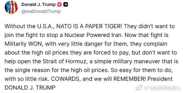 特朗普发帖说“北约是纸老虎”：没有美国，北约就是一只纸老虎！他们当初不愿加入阻止