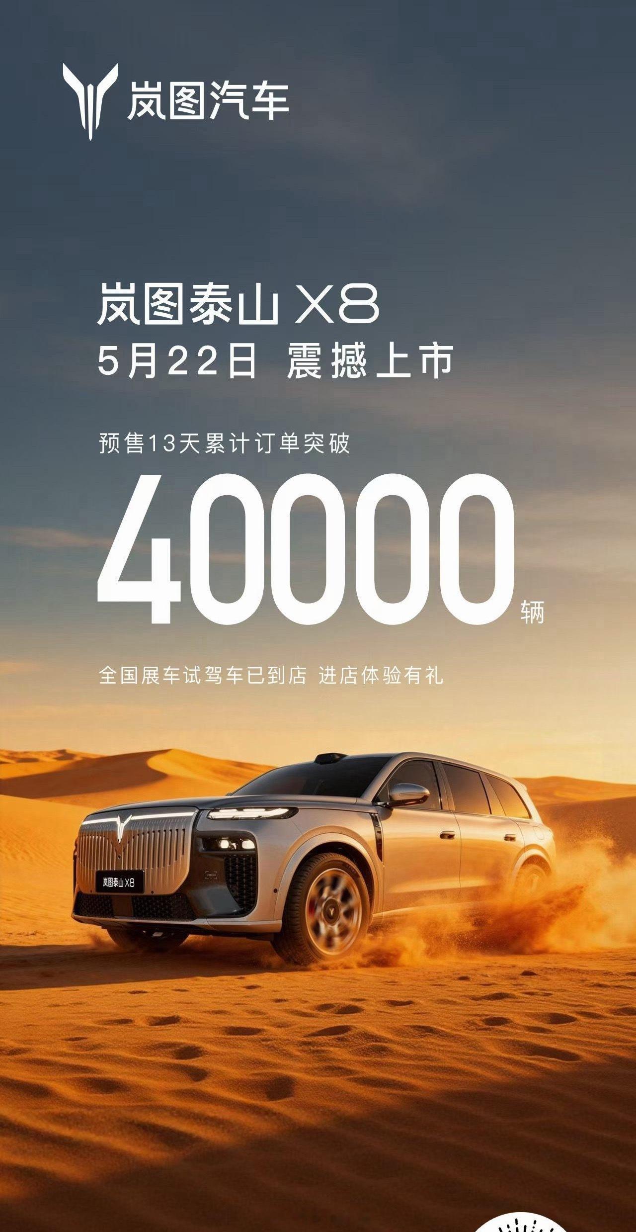 预售13天，订单破4万！岚图泰山X8爆了，期待5月22日发布正式售价。岚图泰山X