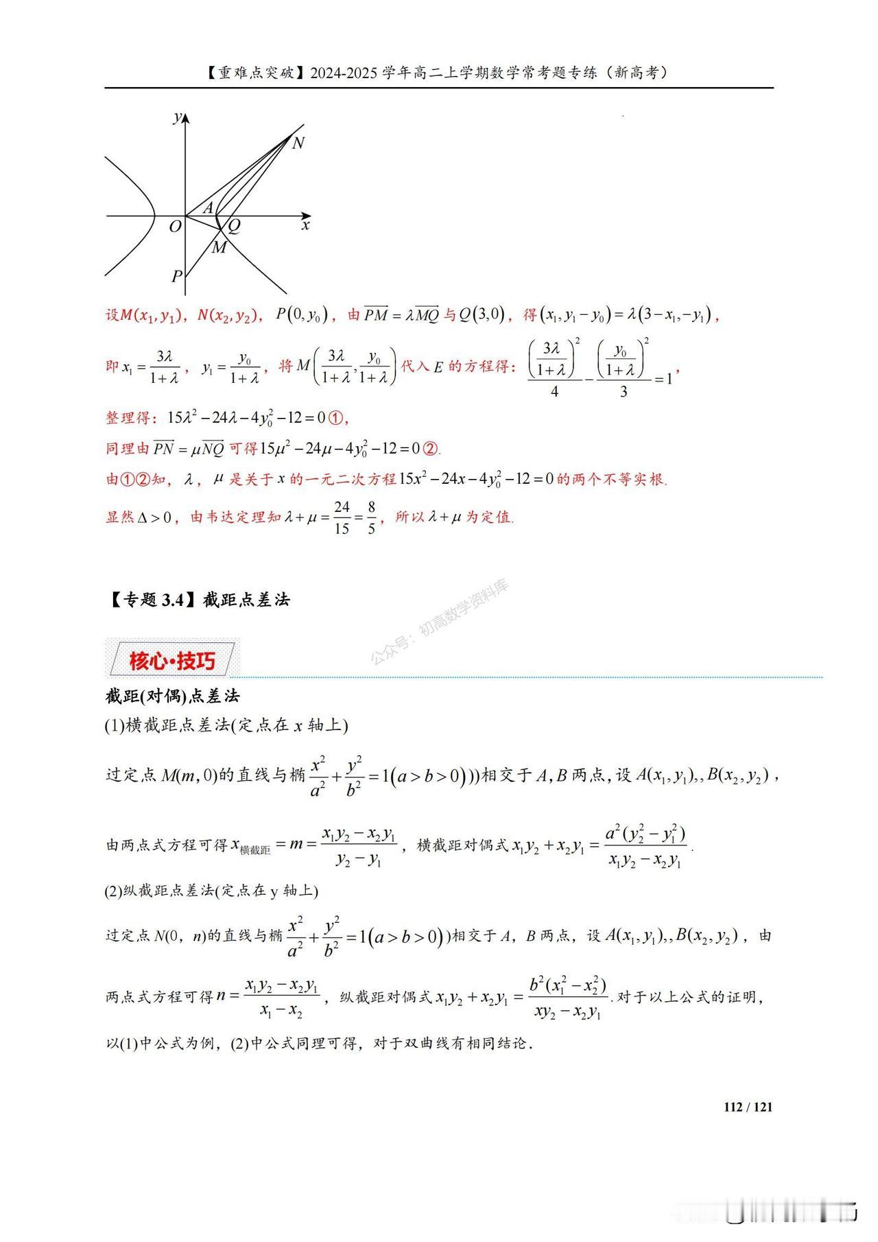 高二数学——圆锥曲线中截距点差法总结