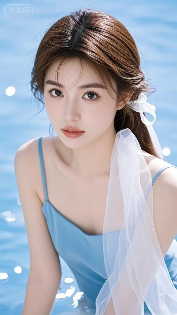 夏日清凉，蓝裙飘逸，水边少女，美不胜收！