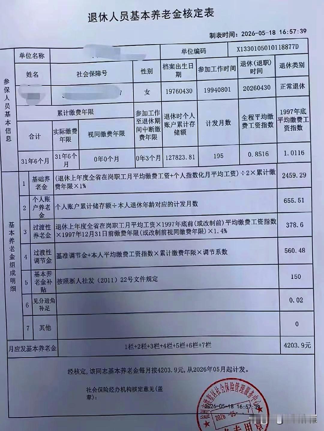 这一天，我等了31年半

拿到这份核定表的时候，手有点抖。

4203.9元——