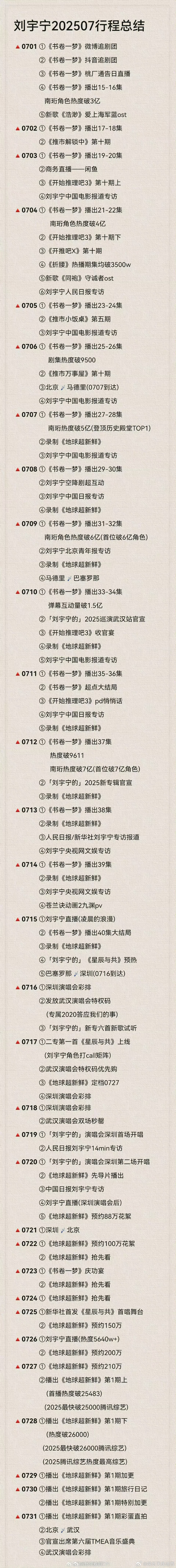 刘宇宁7月行程全满啊，而且最近还有综艺在播，粉丝幸福好多东西能看，正主也好忙好充
