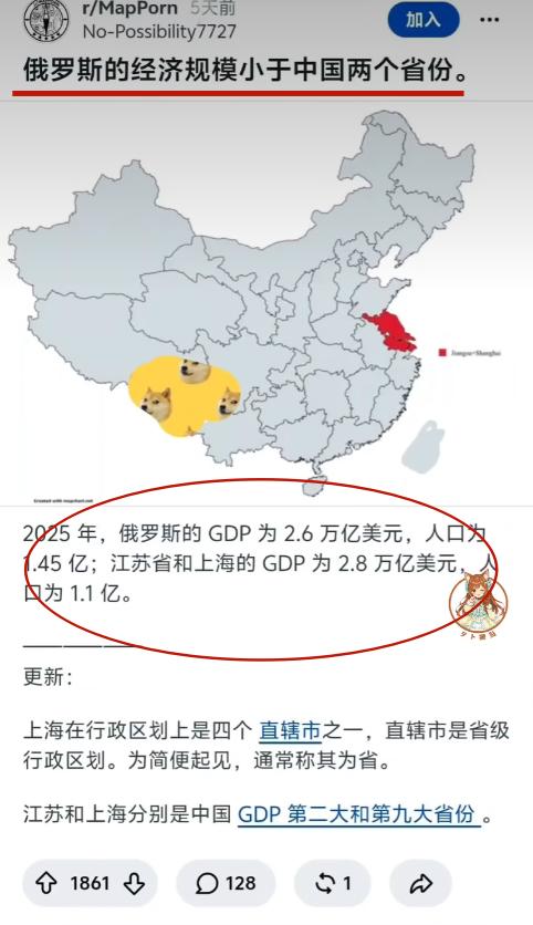 外网发帖热议：俄罗斯的经济规模小于中国的两个省份！

2025年俄罗斯的GDP为