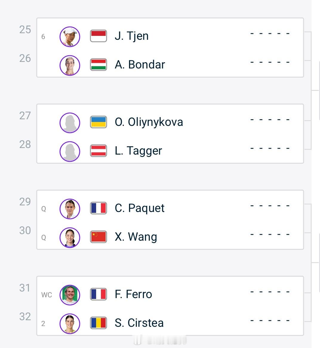 鲁昂WTA250签表更新王欣瑜🇨🇳 vs 帕奎🇫🇷首轮Q vs Q，胜者