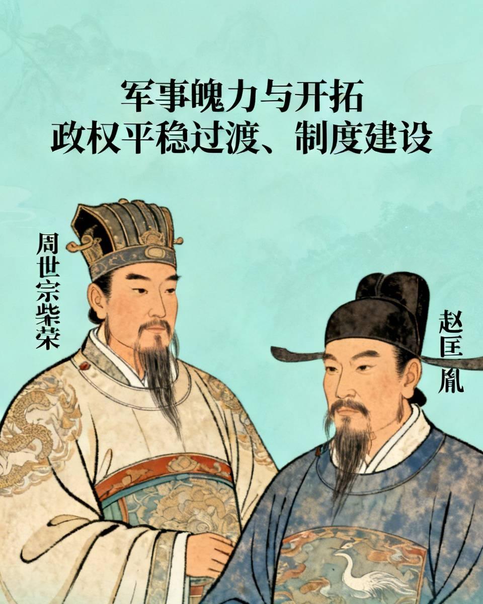 赵匡胤善笼络人心，陈桥兵变和平夺权，结束五代乱世，重文抑武稳固王朝。
论军事魄力