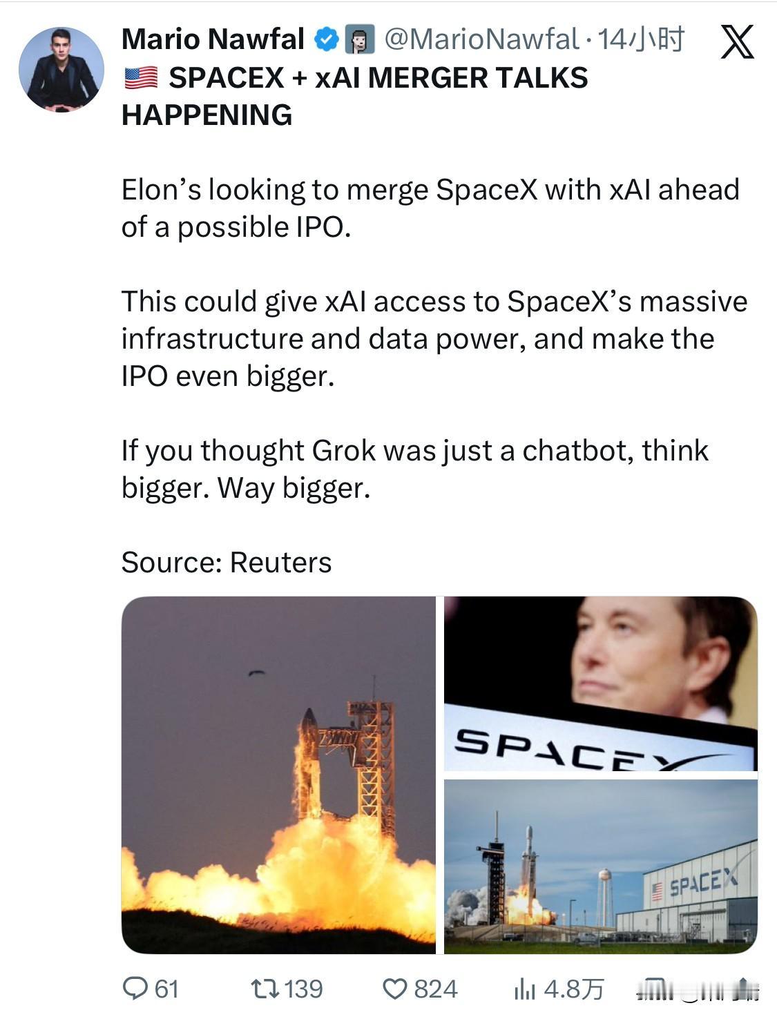 《路透社》突发新闻： SpaceX + xAI 合并谈判正在进行中

埃隆·马斯