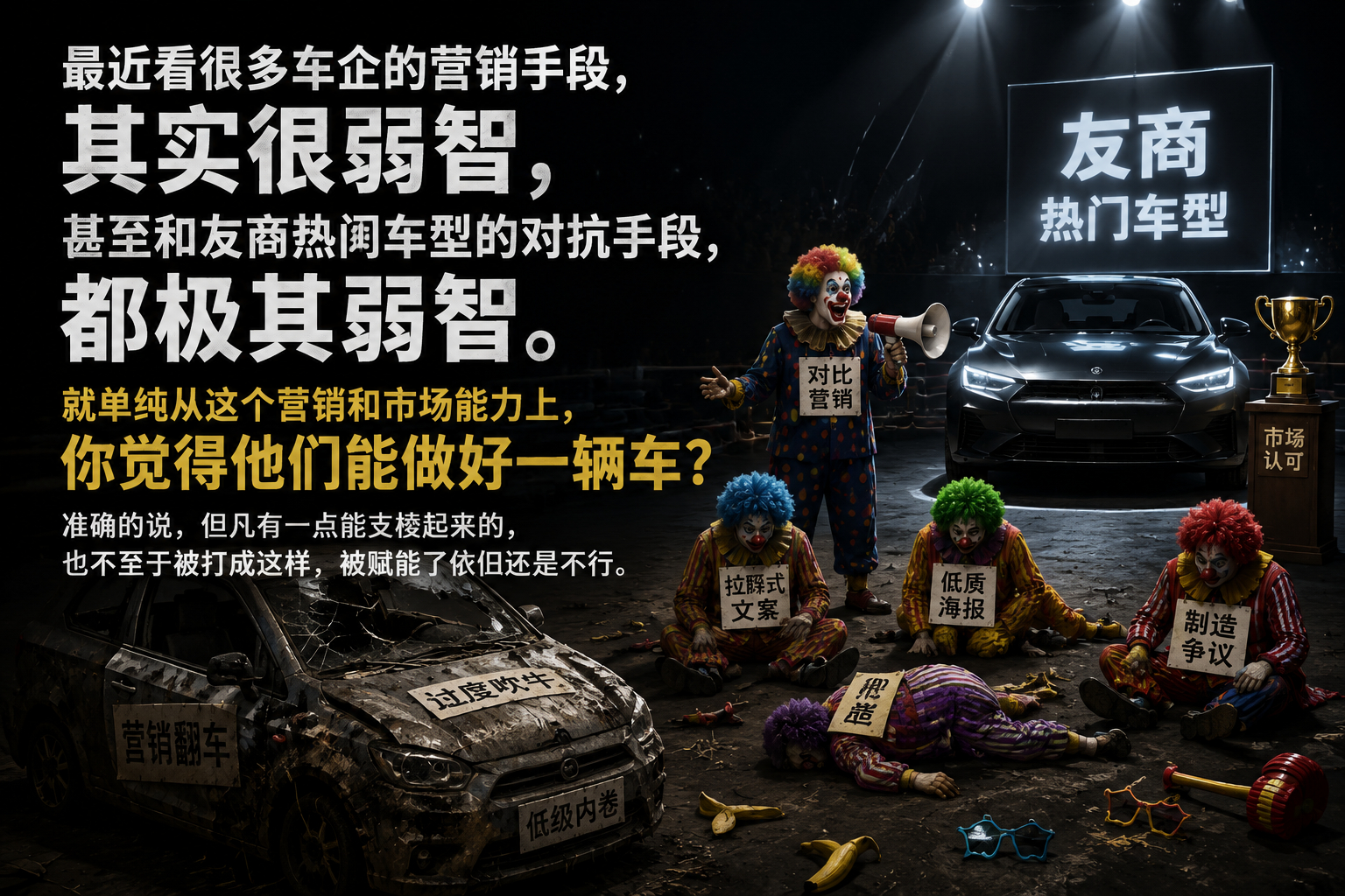 最近看很多车企的营销手段，其实很弱智，甚至和友商热门车型的对抗手段，都极其弱智。
