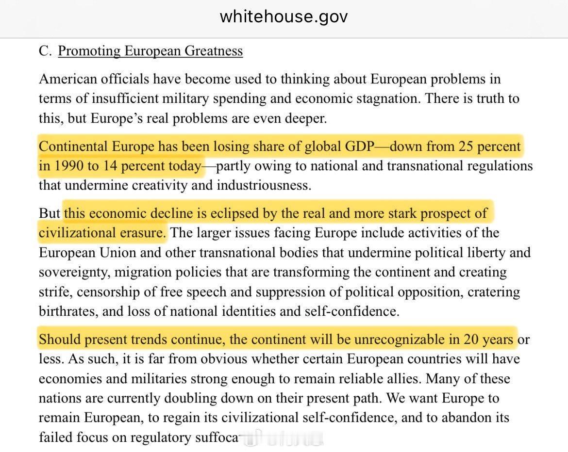 美国新的《国家安全战略（2025）》提到了欧洲正面临“文明消亡”威胁：全球GDP