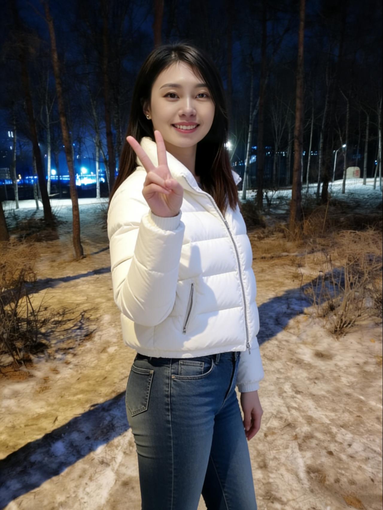 凛冬夜色锁寒丘，万木凋零雪未休。
素袄蓬松凝皓魄，青裾窈窕漾温柔。
轻舒玉指呈双