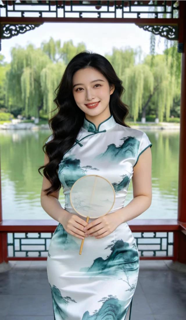 旗袍雅韵，水墨丹青。
山水田园，牡丹刺绣。
贴身裁剪，风情妩媚。
江南水乡 ，流