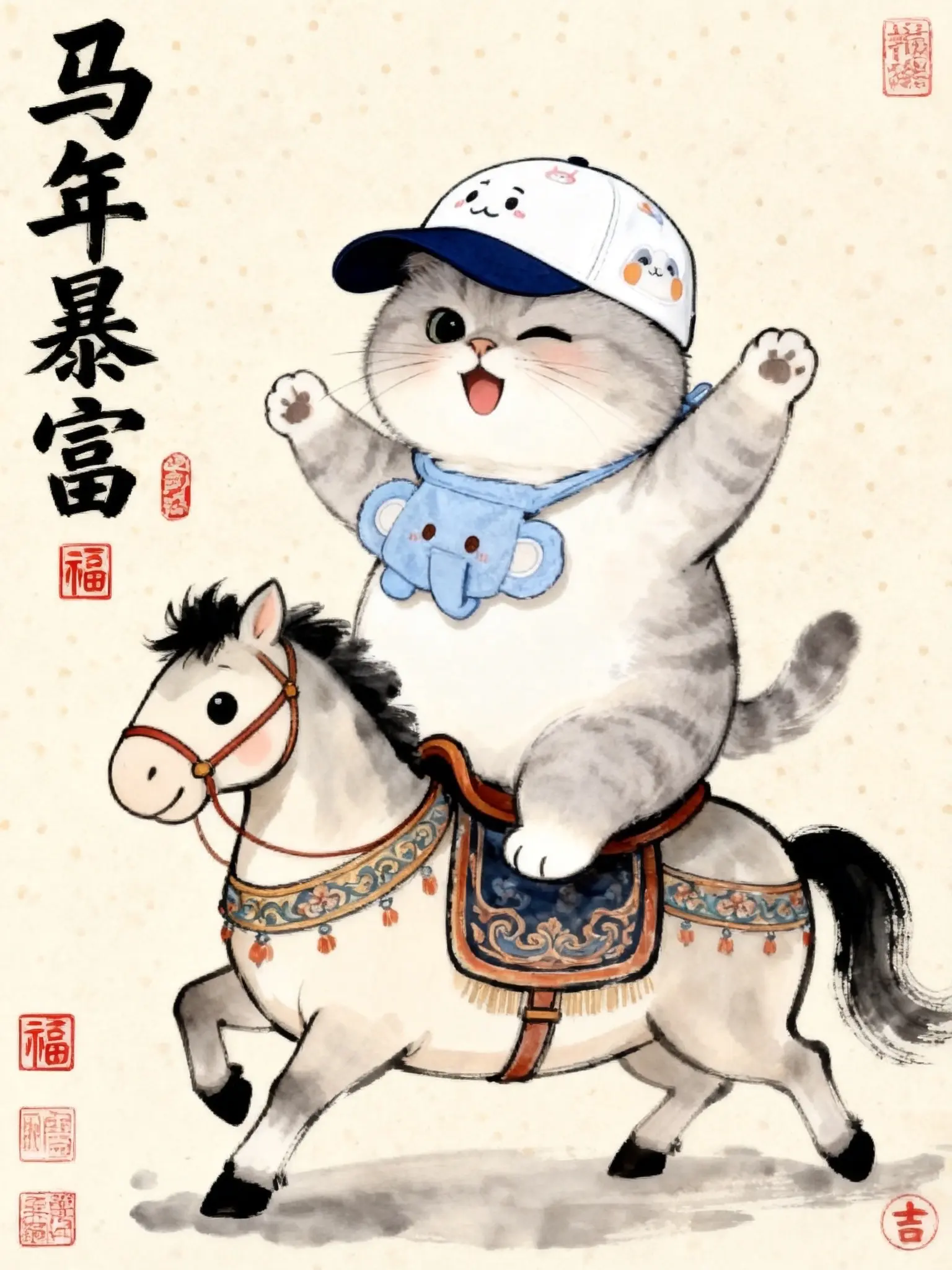 国潮萌马插画 ai创作 年画里的马年祝福 非遗联欢会