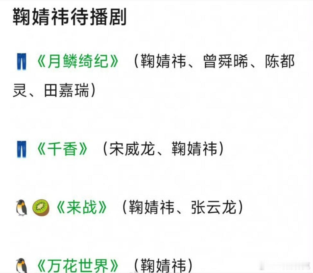 鞠婧祎待播剧：月鳞绮纪，千香，来战，待拍：万花世界。现在谁最慌